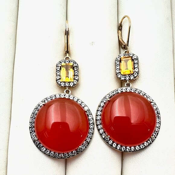 Citrine Carnelian Gold Over Sterling Silver Pierced Chandelier Earrings 2 Inch - Picture 2 of 3